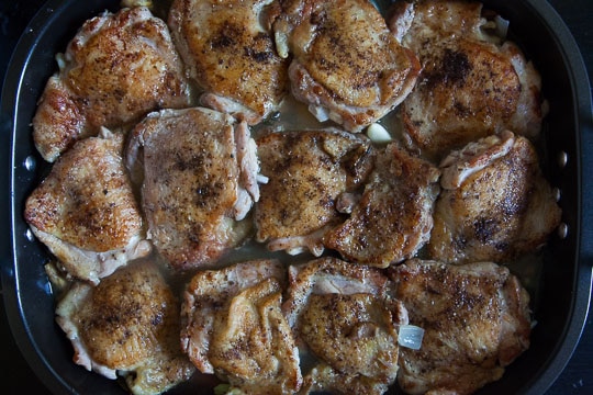 fill the roasting pan with liquid but make sure the thigh skins are still above the liquid.