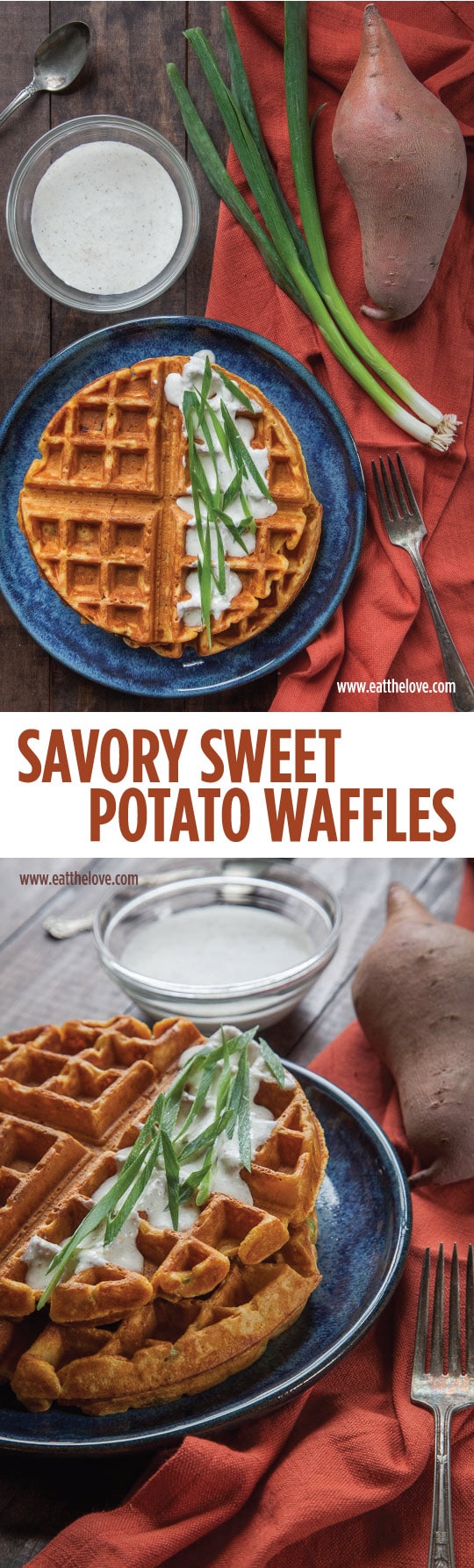 These Savory Sweet Potato Waffles have green onions, garlic and cheese in them and are topped with a garlic lemon creme fraiche sauce! Photo and recipe by Irvin Lin of Eat the Love.