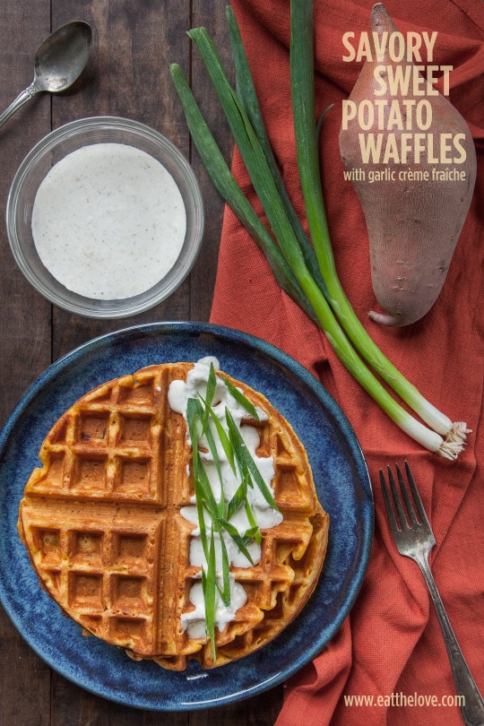 Savory Sweet Potato Waffles with Garlic Creme Fraiche. Recipe and photo by Irvin Lin of Eat the Love.