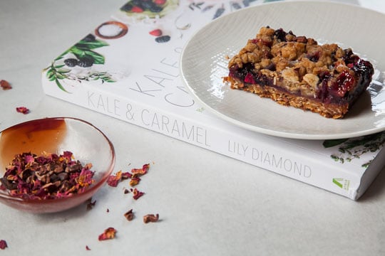 Rhubarb & Blueberry Oatmeal Bars with Cacao Nibs and Rose Petals. Recipe and photo by Irvin Lin of Eat the Love.