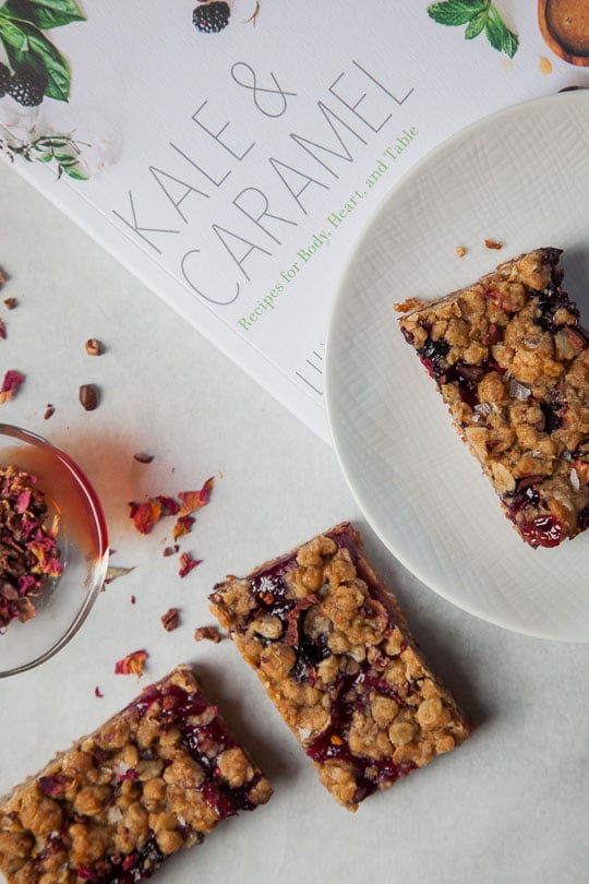 Rhubarb & Blueberry Oatmeal Bars with Cacao Nibs and Rose Petals. Recipe and photo by Irvin Lin of Eat the Love.