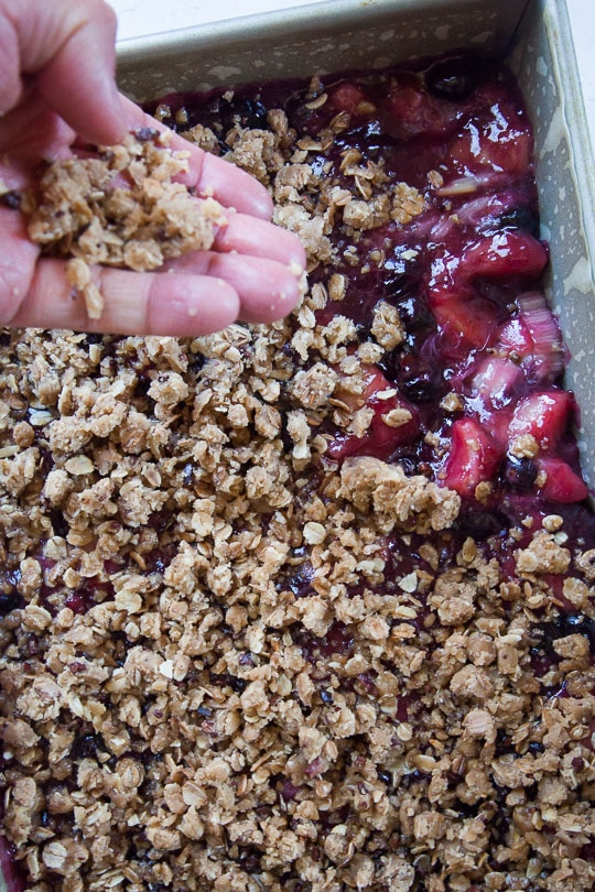 Pour the fruit filling over the baked crust and then sprinkle the crumb topping over the fruit filling.