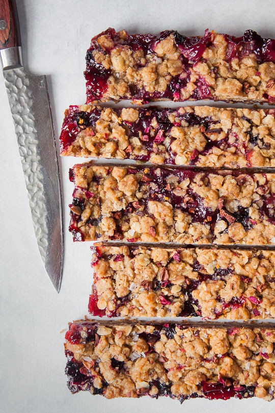 Rhubarb & Blueberry Oatmeal Bars with Cacao Nibs and Rose Petals. Recipe and photo by Irvin Lin of Eat the Love.