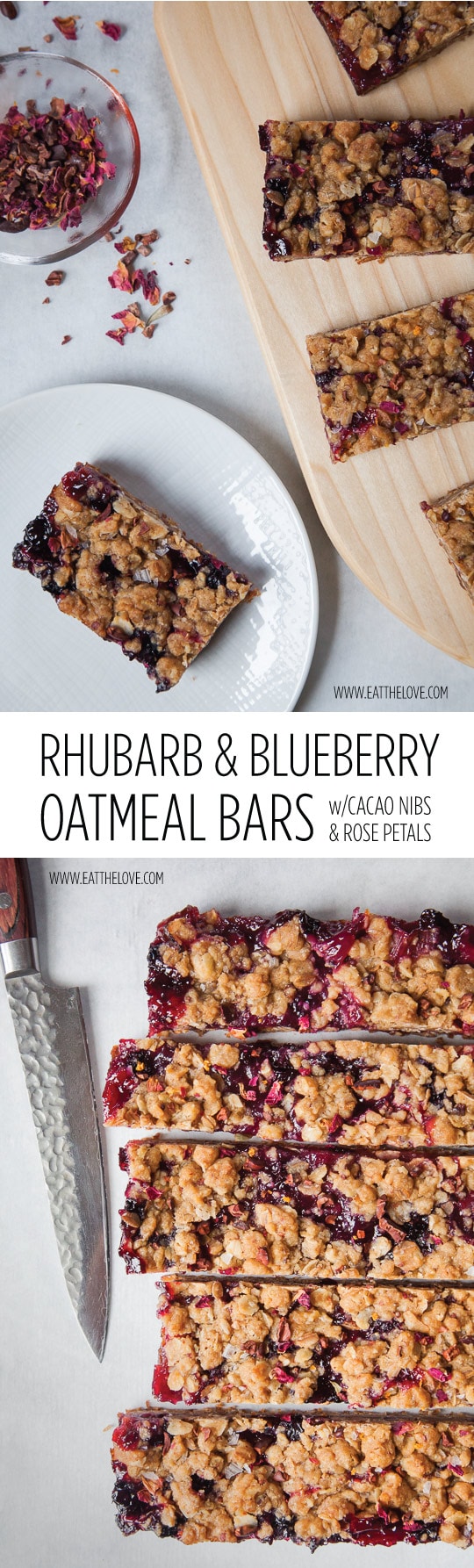 Easy to Make Rhubarb & Blueberry Oatmeal Bars with Cacao Nibs and Rose Petals. Recipe and photo by Irvin Lin of Eat the Love.