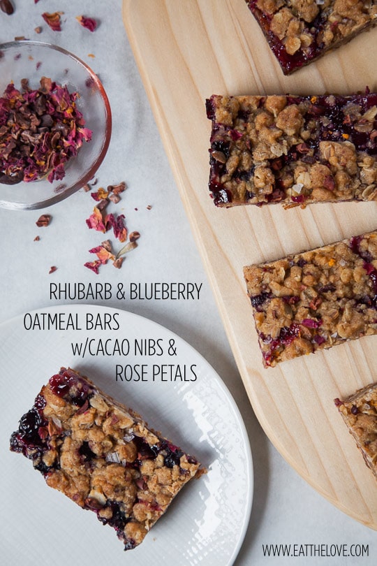 Rhubarb & Blueberry Bars w/Cacao Nibs and Dried Rose Petals. Photo and recipe by Irvin Lin of Eat the Love