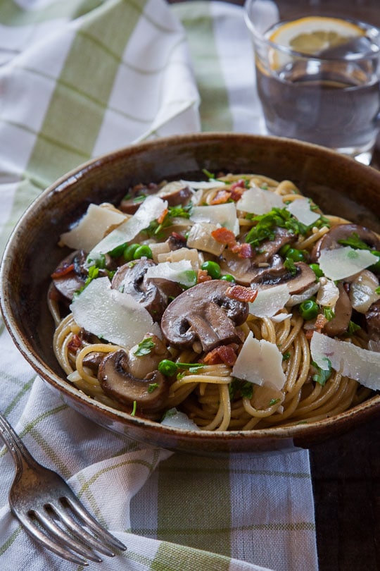 Bacon, Mushroom, and Peas Pasta. Photo and recipe by Irvin Lin of Eat the Love.