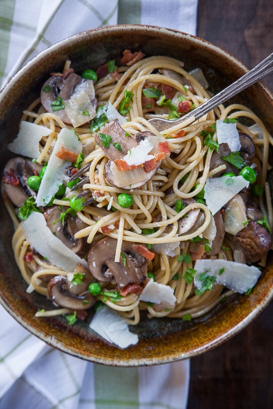 Bacon, Mushroom, and Peas Pasta. Photo and recipe by Irvin Lin of Eat the Love.