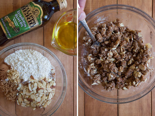 Make the crumb topping by tossing the dry ingredients together with the olive oil until they clump up.