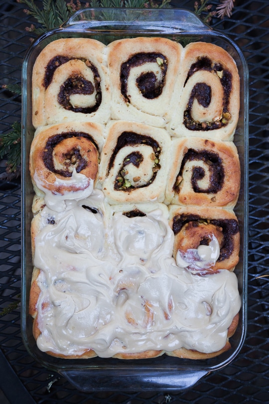Rosemary Pistachio Cinnamon Rolls with Brown Sugar Cream Cheese Glaze. Photo and recipe by Irvin Lin of Eat the Love.