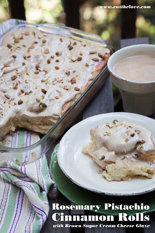 Rosemary Pistachio Cinnamon Rolls with Brown Sugar Cream Cheese Glaze. Photo and recipe by Irvin Lin of Eat the Love.