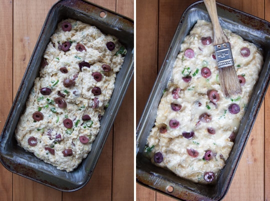 Scrape into the pan and then brush with remaining melted butter.