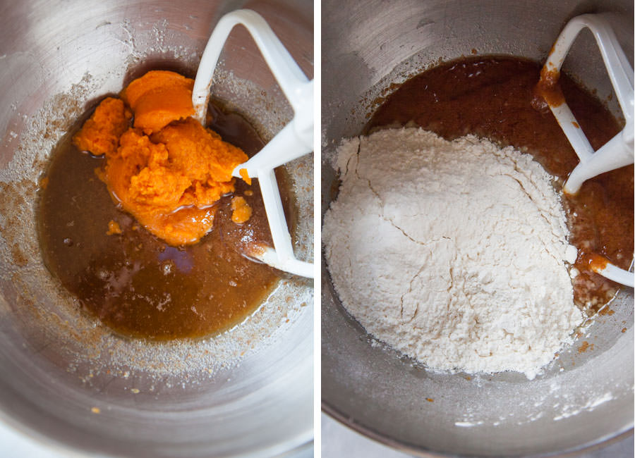 Add the pumpkin and flour to the cookie dough.