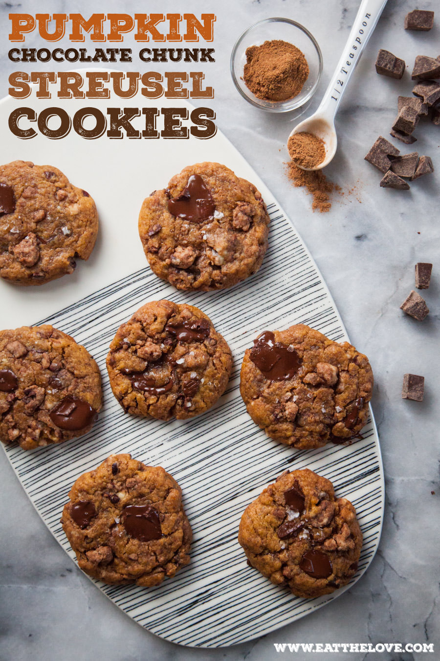 Pumpkin Chocolate Chip Cookies with Pumpkin Spice Streusel! Recipe by Irvin Lin of Eat the Love.