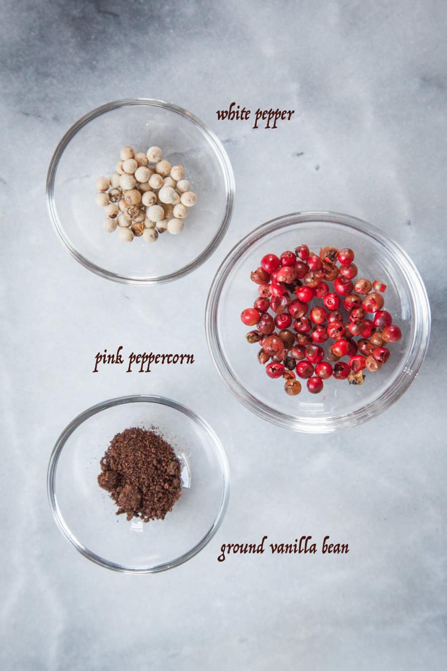 white pepper, pink peppercorn and ground vanilla bean