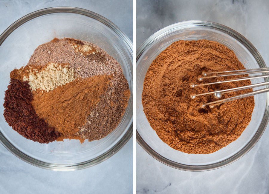 place spices in a bowl and whisk together. 