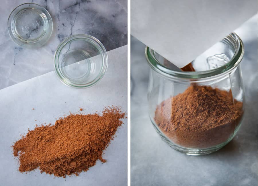 pour spices onto a piece of parchment or wax paper and then "funnel" into jar.