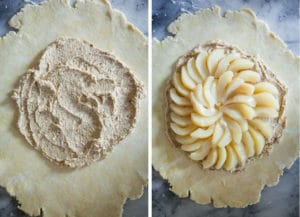 Spread the frangipane in the center of dough. Add the pears.