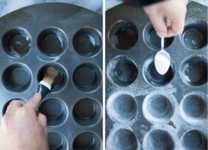 Brush the muffin tin with melted butter then sprinkle sugar inside each cup.