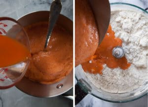 Add the reserve carrot juice to bubbling carrot juice then add to the food processor bowl.