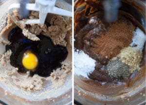 Mix in the egg and molasses, then the spices, salt and baking soda