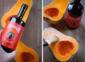 Drizzle the butternut squash with olive oil and brush over the cut part.