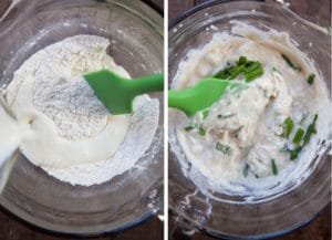 Pour wet ingredients together in with dry ingredients. Then fold in chives.