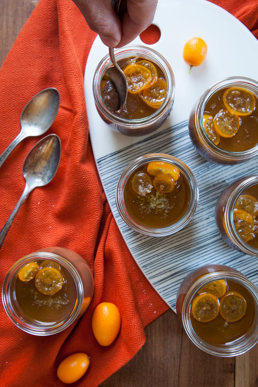 Chocolate Pots de Creme with Extra Virgin Olive Oil, Sea Salt and Candied Kumquats.