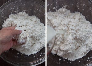 Smash the butter into the dry ingredients, then add the milk.