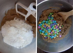 Mix in the flour, baking powder and salt. Hand mix the m&m candies with a wooden spoon by hand.