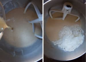 add melted butter with extracts to the sugary egg, then the flour.