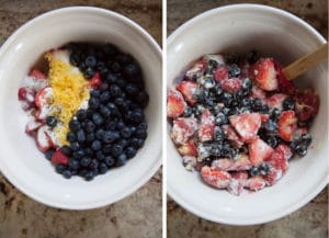place berries, sugar, lemon zest and spices in a bowl and mix