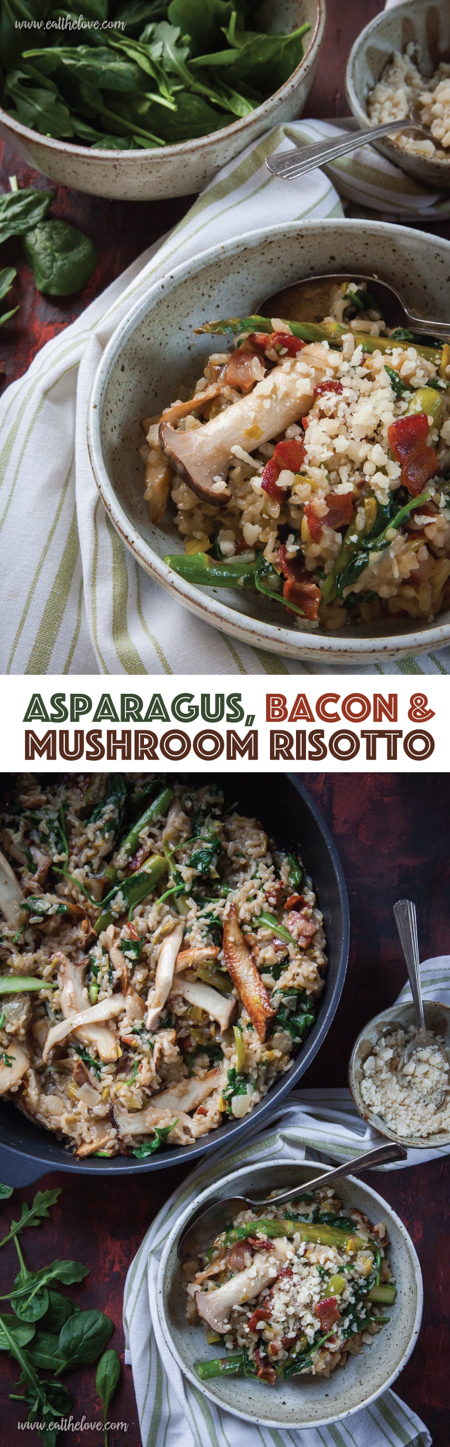 This easy to make Asparagus, Bacon and Mushroom Risotto is sophisticated enough for a dinner party! #asparagus #dinner #risotto #bacon #mushroom #easy #italian
