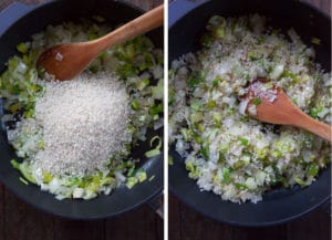 Cook the rice until it starts to turn translucent.