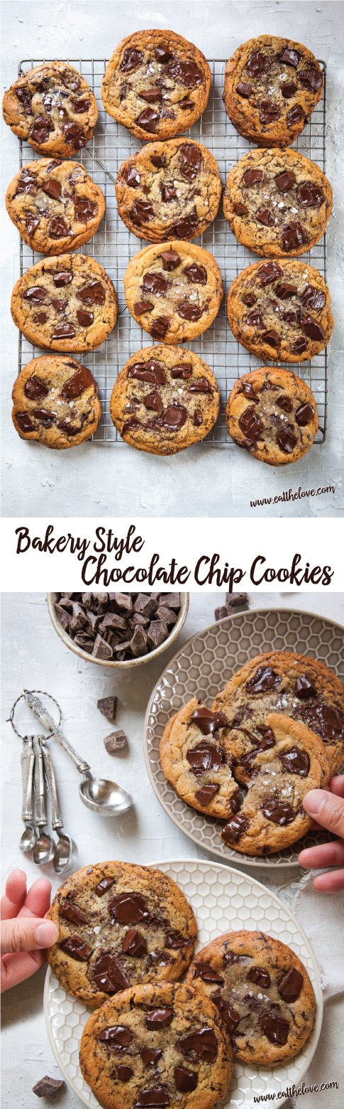 These chewy and thick bakery style chocolate chip cookies are easy to make! Recipe on Eat the Love #chocolatechipcookie #Chocolate #cookie #chip #bakery #thick #chewy