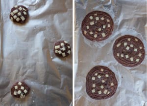 After the dough has chilled, add a few extra chips on top, then bake. Midway through the baking, bang the pan a couple of times in 2 minute intervals.