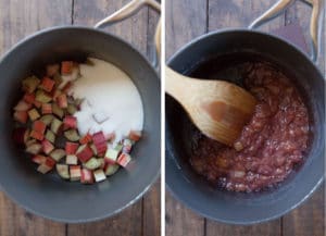place the rhubarb and sugar in a saucepan and cook until the rhubarb falls apart.