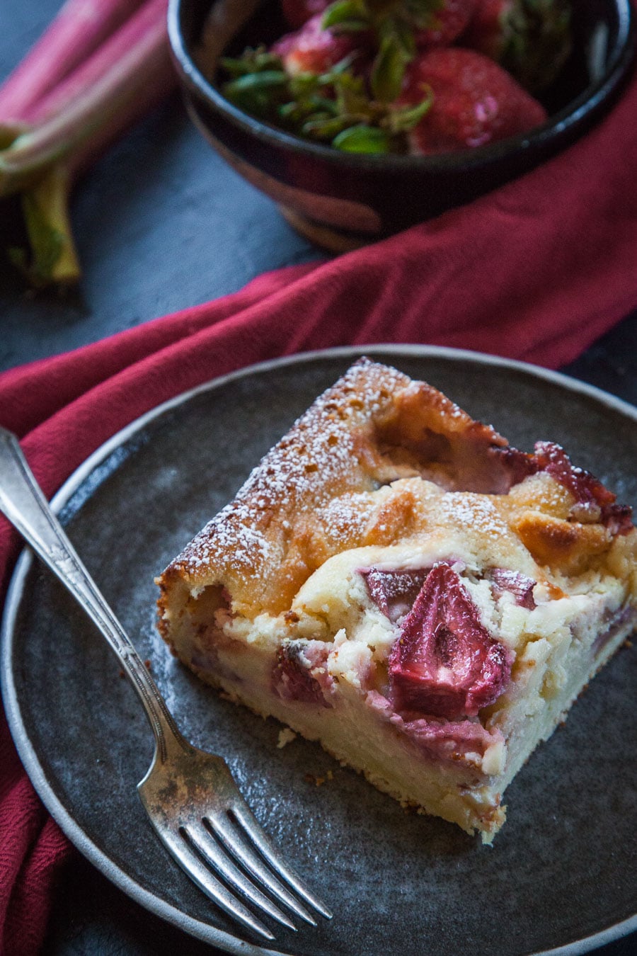 Strawberry Rhubarb Buckle with Cheesecake Topping. Photo and recipe by Irvin Lin of Eat the Love.