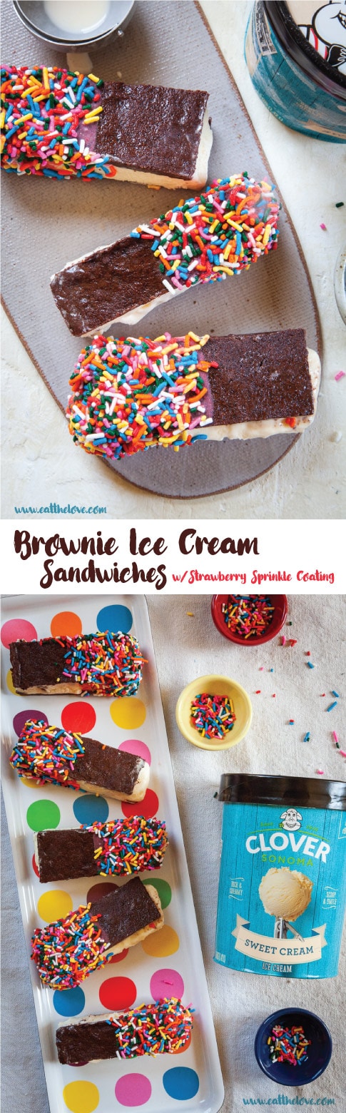 Brownie Ice Cream Sandwiches with Strawberry Sprinkle Coating. #icecream #icecreamsandwich #brownie #recipe #sprinkles #strawberry #summer