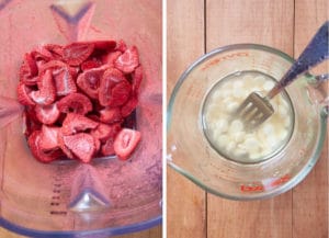 crush the freeze dried strawberries in a blender or food processor. Melt the white chocolate and coconut oil.