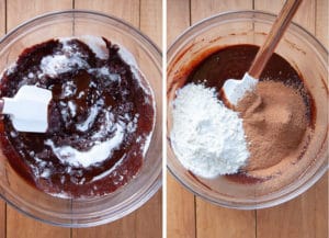 stir in sugar, then eggs, then flour and cocoa.