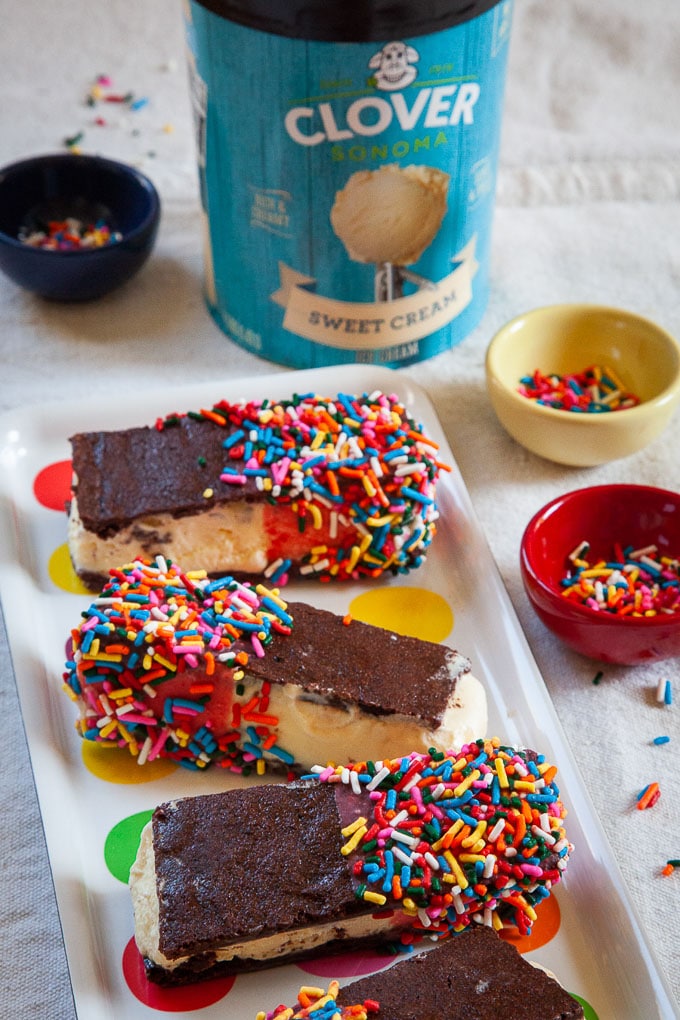 Brownie Ice Cream Sandwiches with Strawberry Sprinkle Coating