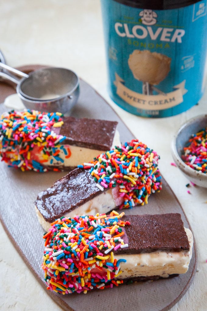 Brownie Ice Cream Sandwiches with Strawberry Sprinkle Coating
