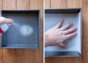 spray and line baking pan with parchment paper