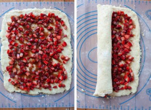 Spread the strawberry mixture over the dough, then roll up the dough.