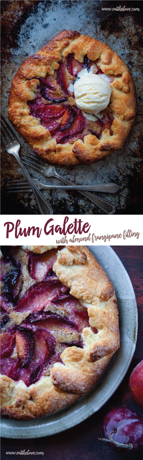 This easy-to-make rustic Plum Galette has an Almond Frangipane Filling to elevate it even more. #easy #recipe #dessert #galette #pie #plum #pluot #crostada #tart #rusticdessert #summerbaking #baking #frangipane #almond #fruit