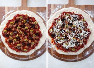 add the sausage and olives, then the remaining cheese onto the pizza.