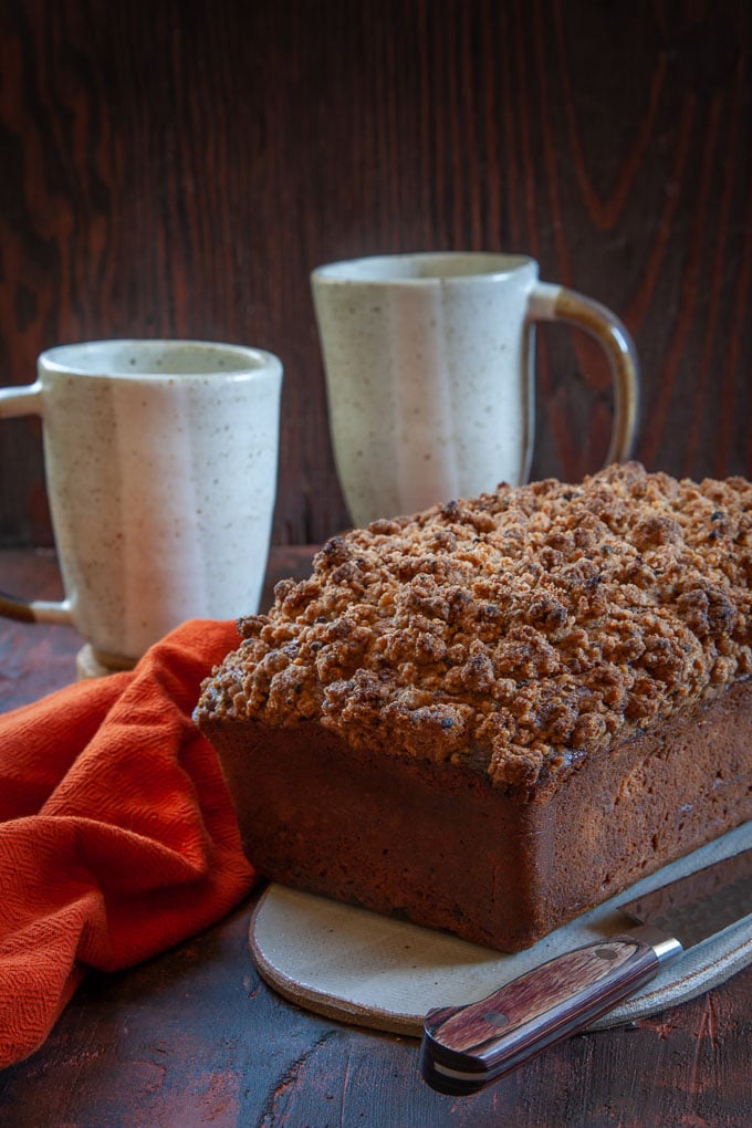 (Not so Basic) Pumpkin Spice Latte Bread with a Coffee Cream Cheese Filling and Coffee Crumb Topping. 