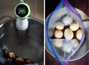 sous vide the eggs for an hour or just leave them in the bag overnight.