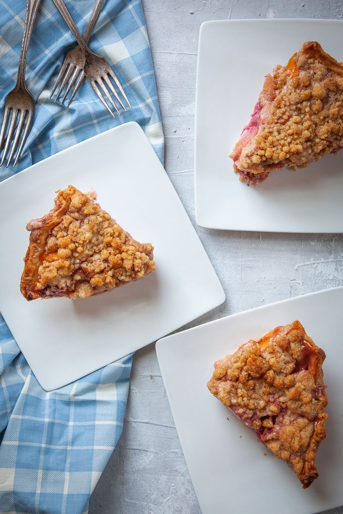 Summer Fruit Pie with Crumb Topping filled with pluots, plums, nectarines, peaches and cherries. 