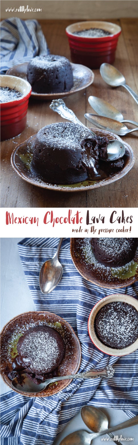 Mexican Chocolate Lava Cakes made in a pressure cooker! Easy and fast, without any issues with overbaking the outside of the cake! #lavacake #pressurecooker #crockpot #dessert #chocolate #chocolatecake #recipe #chocolatedessert #cake #mexicanchocolate